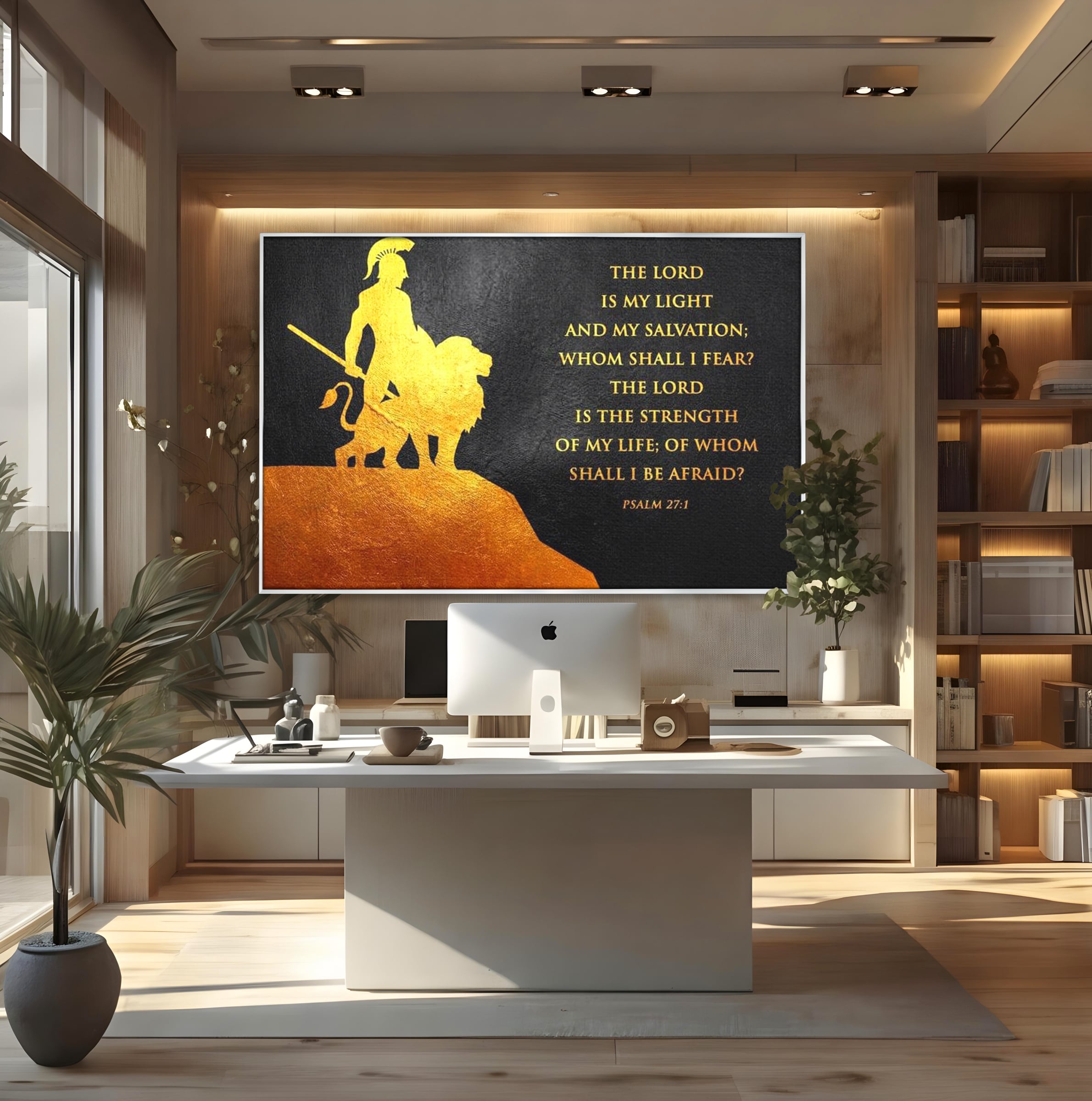 Tablou canvas cu tablou canvas cu razboinic si leu, in rama de aluminiu argintiu, pe perete intr-un birou